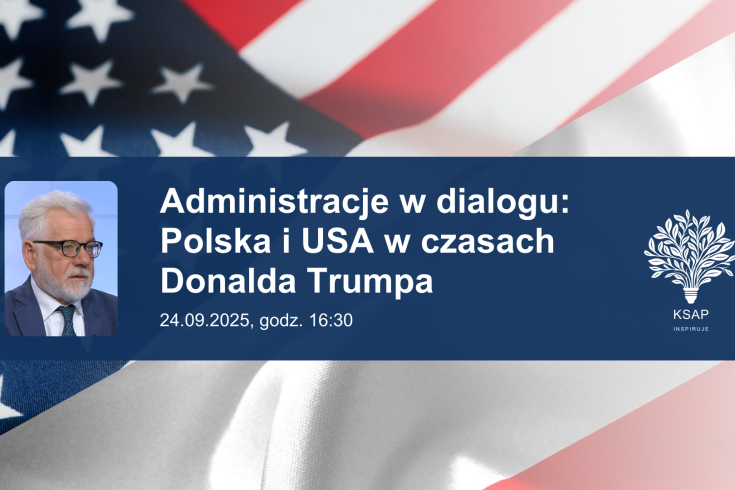 Na tle flagi amerykańskiej zdjęcie prelegenta i tytuł spotkania